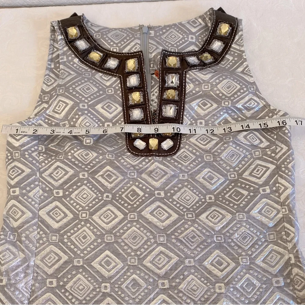 Tory Burch Jeweled V-neck Sheath Rosario Dress Sleeveless Silver Metallic